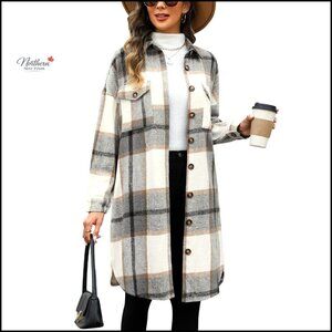 Long Sleeve Flannel Shacket with Pockets, Button Down, Knee Length